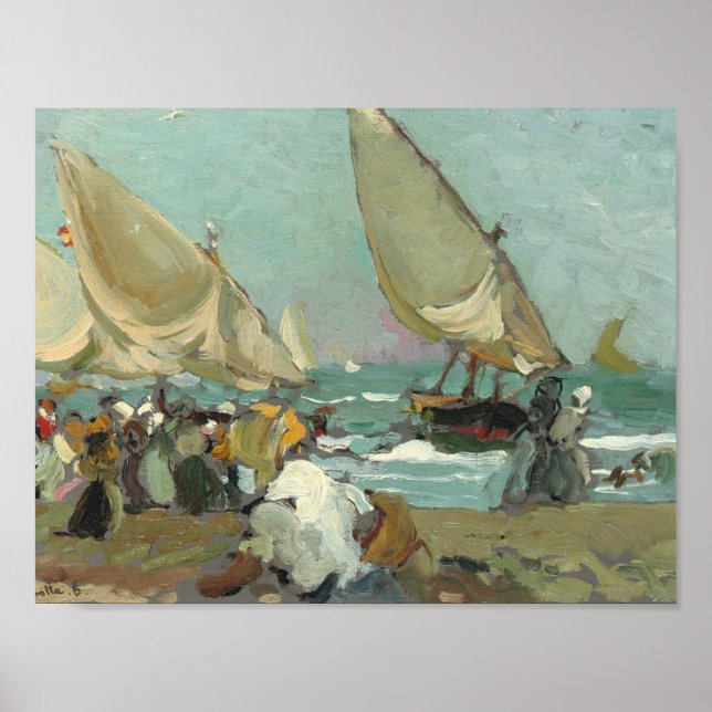Affiches Joaquin Sorolla - Bateaux sur la plage de Valence (Devant)