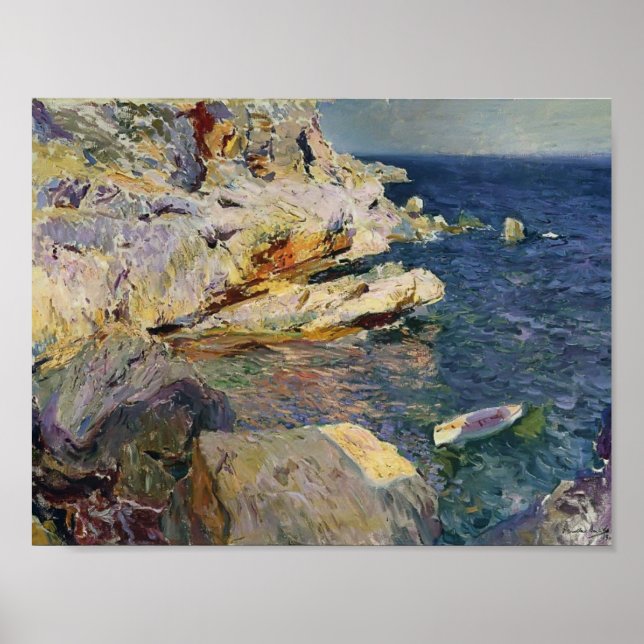 Affiches Joaquín Sorolla - Rochers et bateau blanc, Javea (Devant)