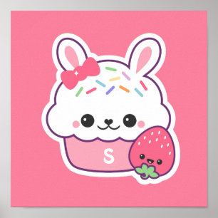 Affiches Joli lapin rose Cupcake Monogramme