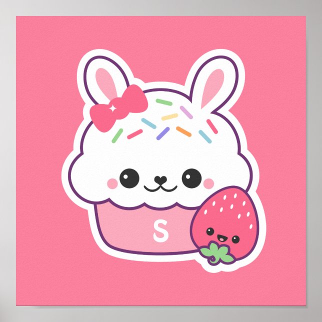 Affiches Joli lapin rose Cupcake Monogramme (Devant)