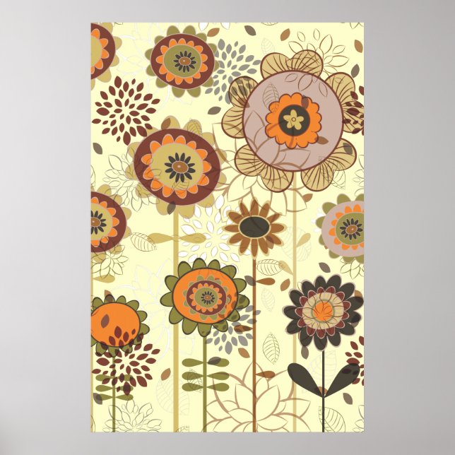 Affiches Joli orange rétro, motif floral marron personnalis (Devant)