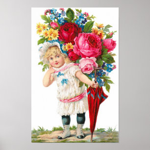Affiches Jolie fille Vintage avec fleurs
