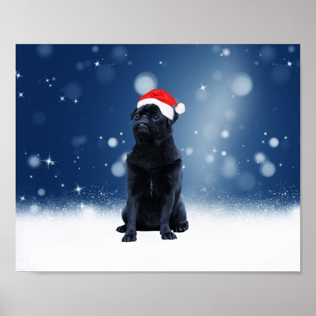 Affiches Jote Chien Carlin noir Noël Santa Hat Étoiles de n (Devant)