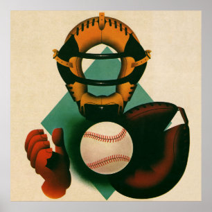 Affiches Joueur de baseball vintage, Catcher avec Mitt