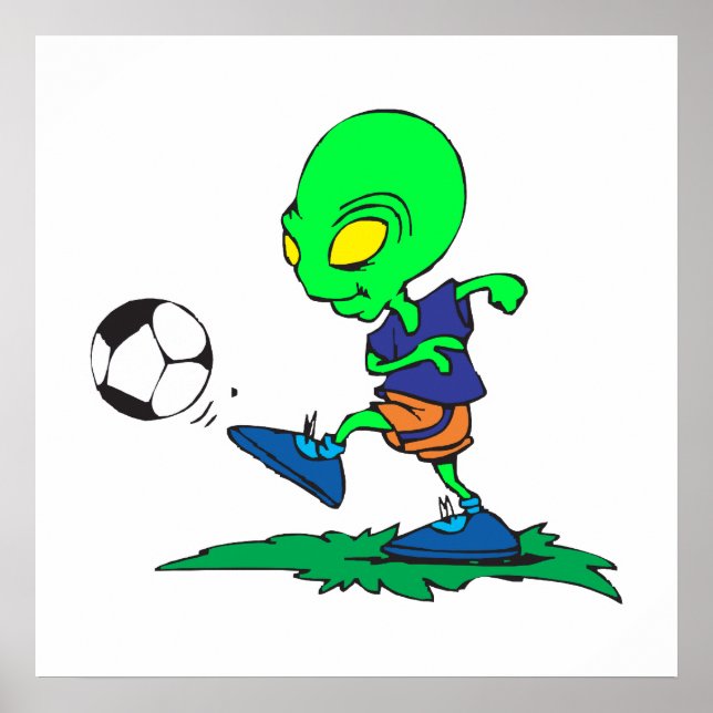 Affiches joueur de football alien amusant botter le ballon (Devant)