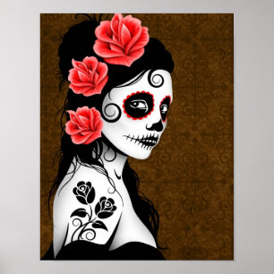 Affiches Jour de la fille morte de crâne de sucre - brun