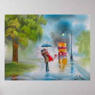AFFICHES JOUR DE PLUIE KISSER COUPLE TRAM UMBRELLA