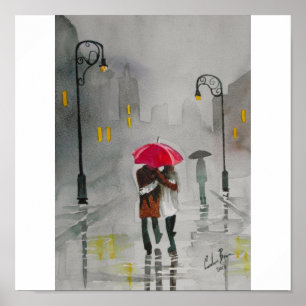 AFFICHES JOUR DE PLUIE ROUGE PARAPLULE ROMANTIQUE COUPLE