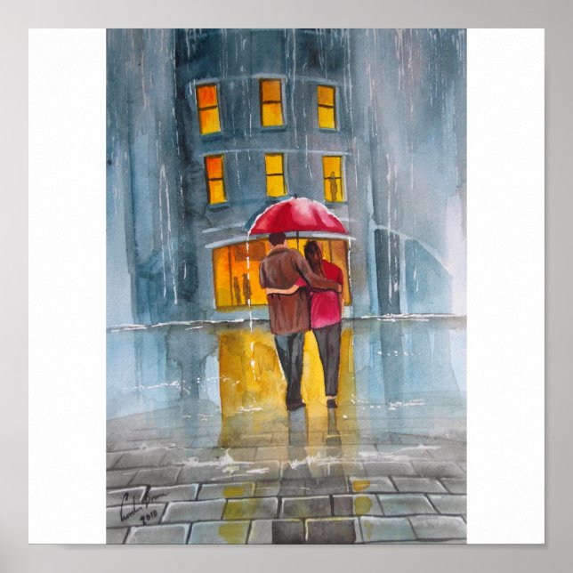 Affiches JOUR DE PLUIE ROUGE UMBRELLA scène de rue PEINTURE (Devant)