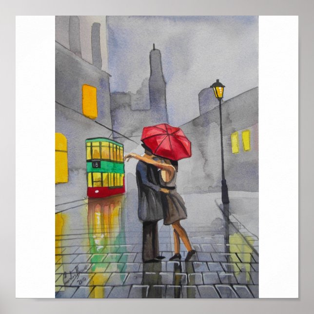 Affiches JOUR DES PLUIES ROUGE UMBRELLA tram scène de rue P (Devant)