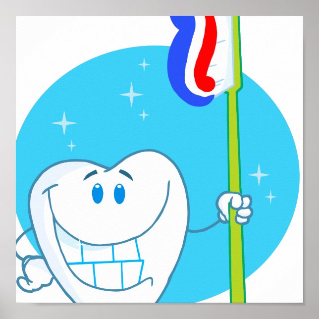 Affiches Joyeuse dent souriante avec brosse à dents (Devant)