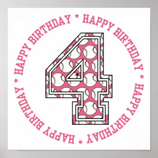 Affiches Joyeux 4e anniversaire de baseball Numéro