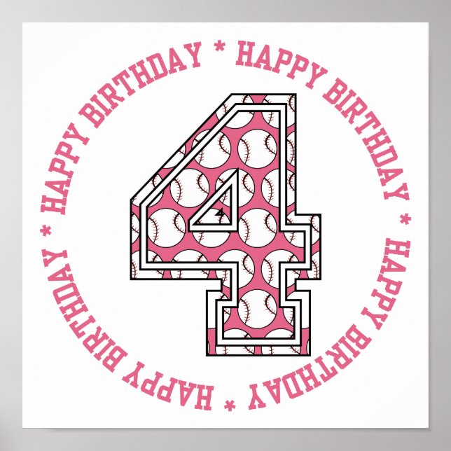 Affiches Joyeux 4e anniversaire de baseball Numéro (Devant)