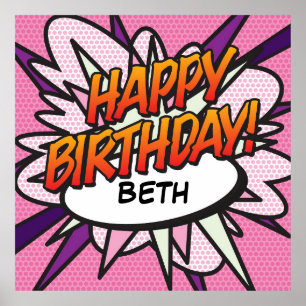 Affiches JOYEUX ANNIVERSAIRE Bande dessinée Pop Art rose
