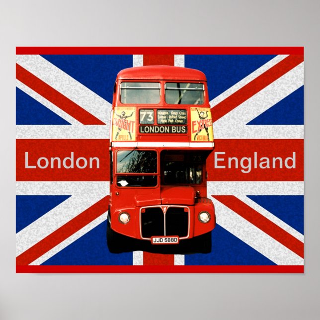 Affiches Joyeux bus rouge et drapeau britannique (Devant)