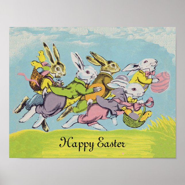 Affiches Joyeux Lapins de Pâques au Pastel en Course (Devant)