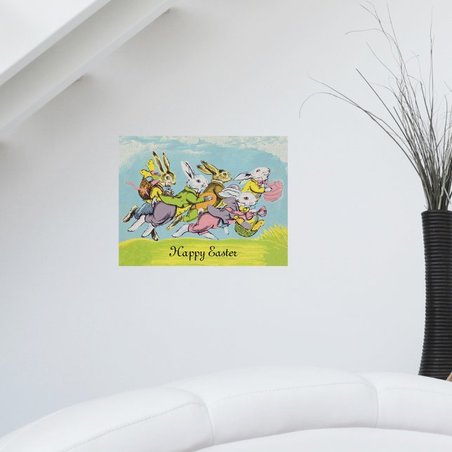 Affiches Joyeux Lapins de Pâques au Pastel en Course (Bunch of Easter rabbits pastel coloured clothing eggs baskets running in grass blue sky on poster.)