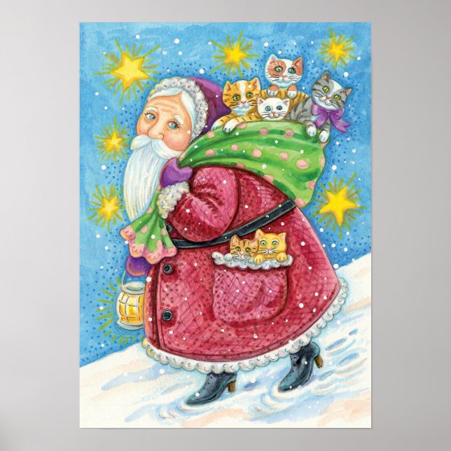 Affiches Joyeux Noël, le Père Noël avec des chatons et des  (Devant)
