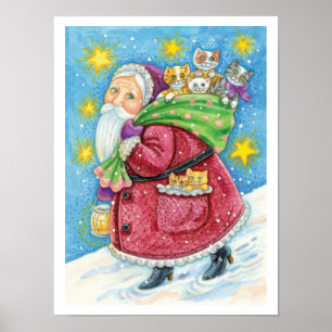 Affiches Joyeux Noël, le Père Noël avec des chatons et des