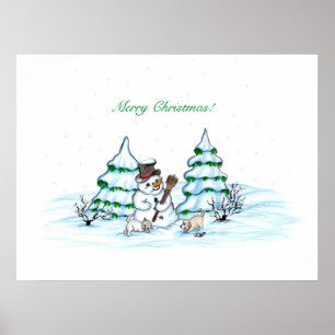 Affiches Joyeux Noël ! Snowman avec chat et chiot