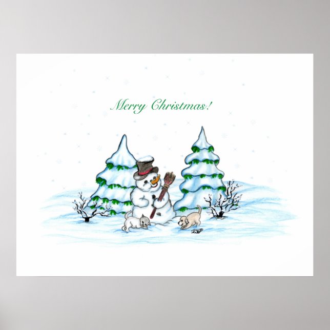 Affiches Joyeux Noël ! Snowman avec chat et chiot (Devant)