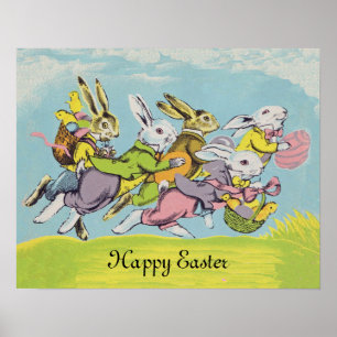 Affiches Joyeux Pastel de Pâques Courir des lapins