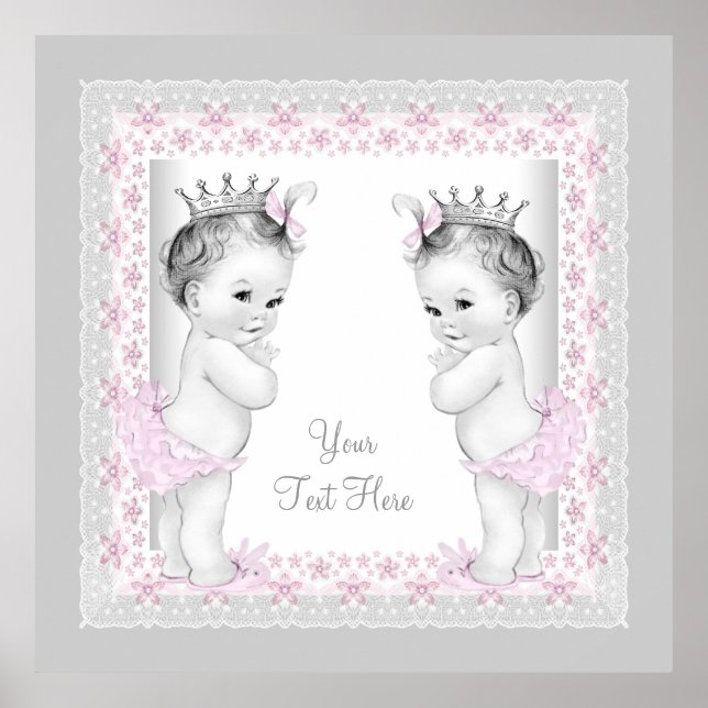 Affiches Jumeaux Bébé Fille Princesse Vintage Rose (Devant)