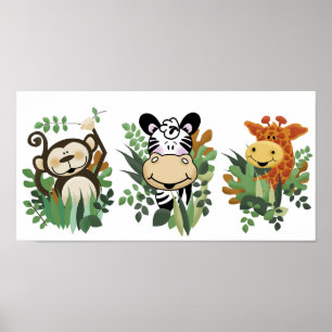 AFFICHES JUNGLE SAFARI MONKEY, ZEBRA & GIRAFFE ART