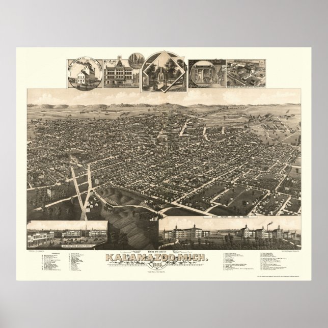 Affiches Kalamazoo, MI Carte panoramique - 1883 (Devant)