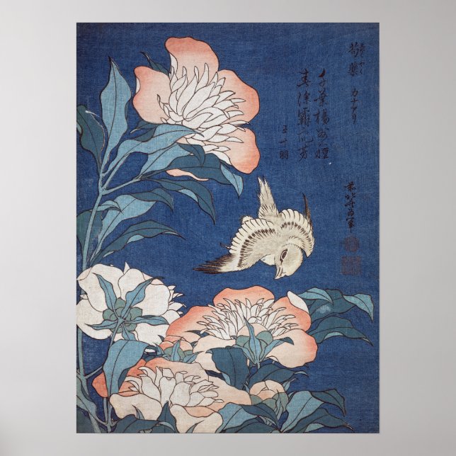 Affiches Katsushika Hokusai Peonies et Canaries (Devant)