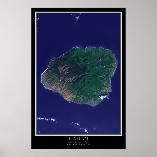 Affiches Kauai Island Hawaii Carte Satellite De L'Espace (Devant)