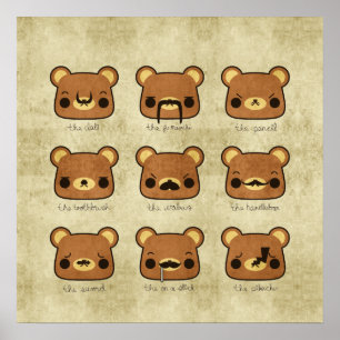 Affiches Kawaii Cartographie Grunge Bears with Mustaches Po