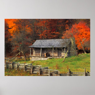 Affiches Kentucky Country Cabin Fall Season Watercolor Art