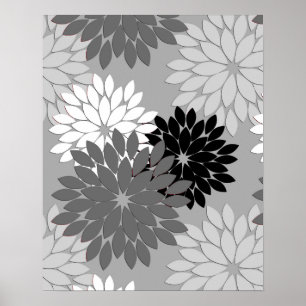 Affiches Kimono floral moderne Imprimer, gris, noir et blan