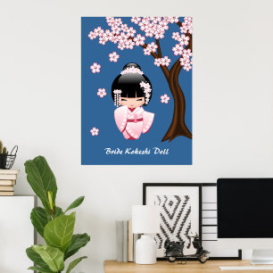 Affiches Kimono rose Kawaii Poupée Kokeshi sur fond bleu