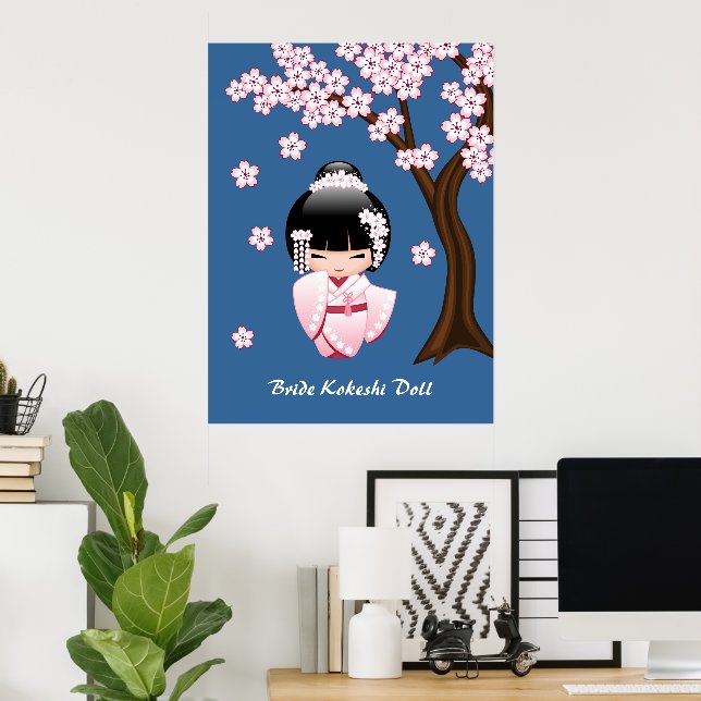 Affiches Kimono rose Kawaii Poupée Kokeshi sur fond bleu (Bureau à domicile)