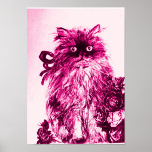 Affiches KITTEN WITH ROSES ,Pink Fuchsia White