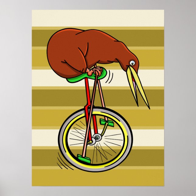 Affiches Kiwi Bird Sur Un Dessin Drôle À L'Unicycle (Devant)