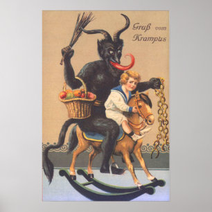 Affiches Krampus montant un cheval de bois avec un garçon
