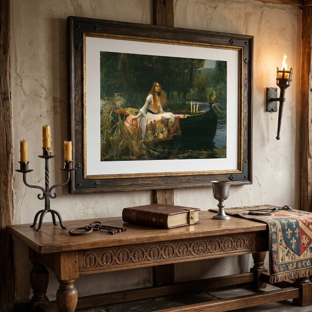 Affiches La Dame de Shalott sur un bateau par John William  (The Lady of Shalott by JW Waterhouse is a  Pre-Raphaelite painting with the lady going to Camelot.)