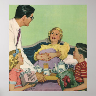 Affiches La famille rétro sert à maman le petit-déjeuner au