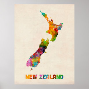 Affiches La Nouvelle Zélande, carte d'aquarelle