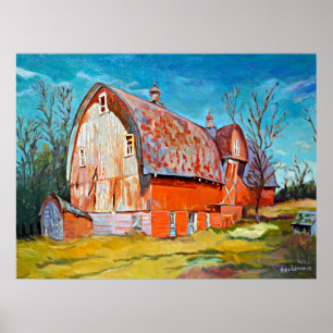 Affiches La vieille grange rouge sur la prairie venteuse