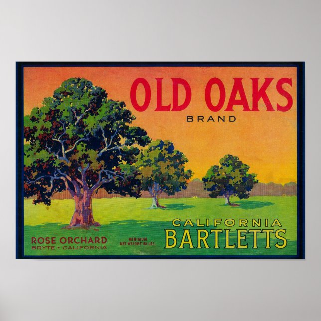 Affiches Label Vieux chênes Pear Crate Bryte, CA (Devant)