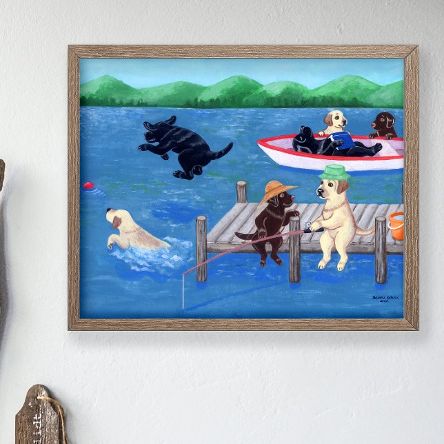 Affiches Lac Fun Labradors (Lake Fun Labradors Poster for Labrador Owners.  Whimsical Lab art for Lake House and Summer House.)