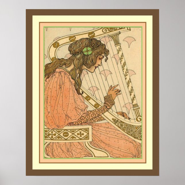Affiches Lady & Harp Art Nouveau Imprimer 16 x 20 (Devant)