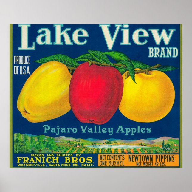 Affiches Lake View Apple Étiquette - Watsonville, CA (Devant)