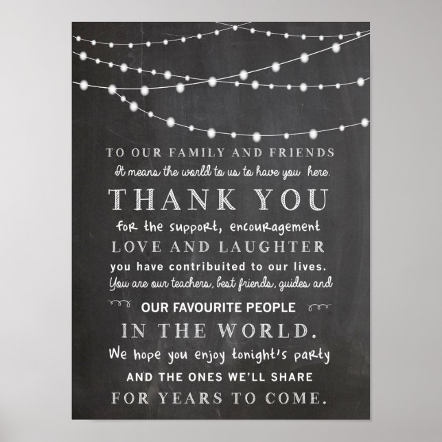 Affiches Lampes à cordes Chalkboard - merci mariage (Devant)