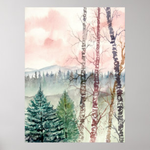 Affiches landscape birch tree painting