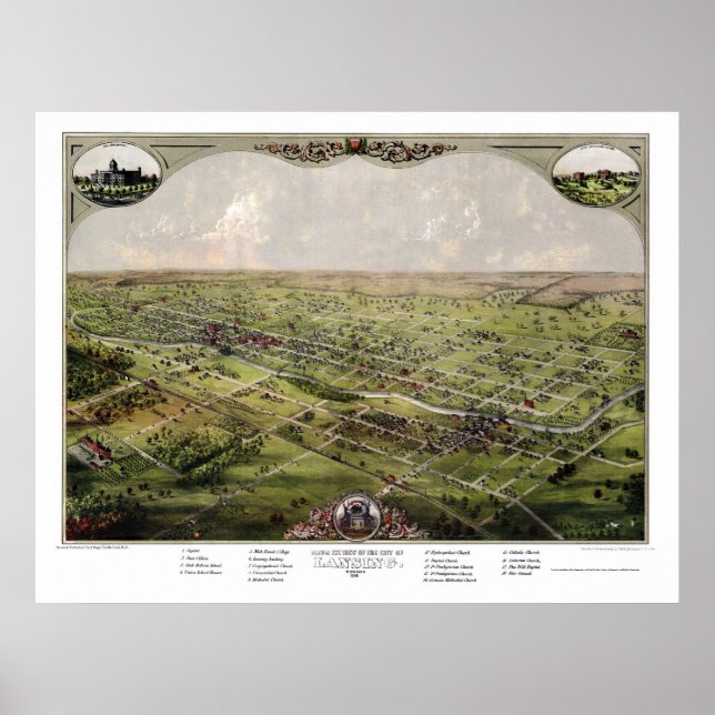 Affiches Lansing, MI Carte panoramique - 1866 (Devant)